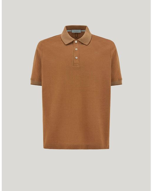 Canali Brown Caramel Cotton Piqué Polo Shirt With Contrasting Trim for men