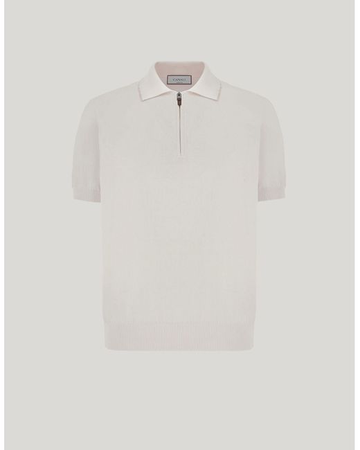 Canali White Giza Cotton Zip-Up Polo Shirt With Contrasting Piping for men