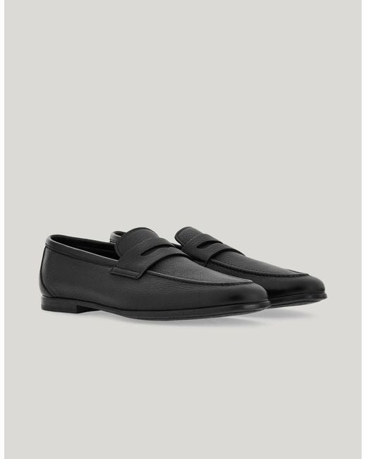 Canali Black Dark Deerskin Penny Loafer With Leather-Effect Rubber Sole for men