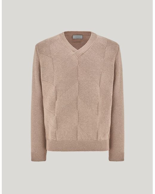 Canali Natural Taupe Cotton And Silk V-Neck Sweater With Structured Pattern for men