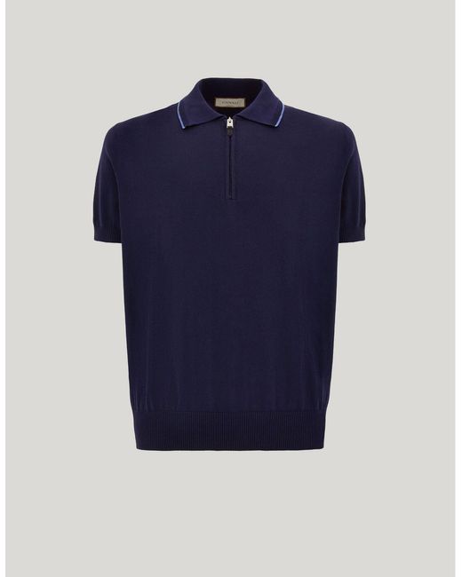 Canali Blue Giza Cotton Zip-Up Polo Shirt With Contrasting Piping for men