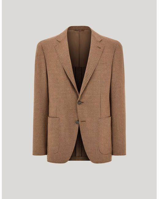 Canali Brown Sand And Wool And Silk Houndstooth Modern-Fit Kei Jacket for men