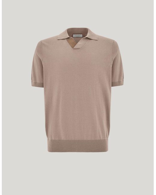 Canali Natural Taupe Cotton Modal Polo Shirt With Leather Details for men