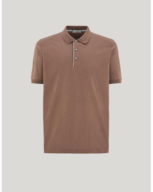 Canali Brown Taupe Cotton Polo Shirt With Contrast Piping On Button Placket for men