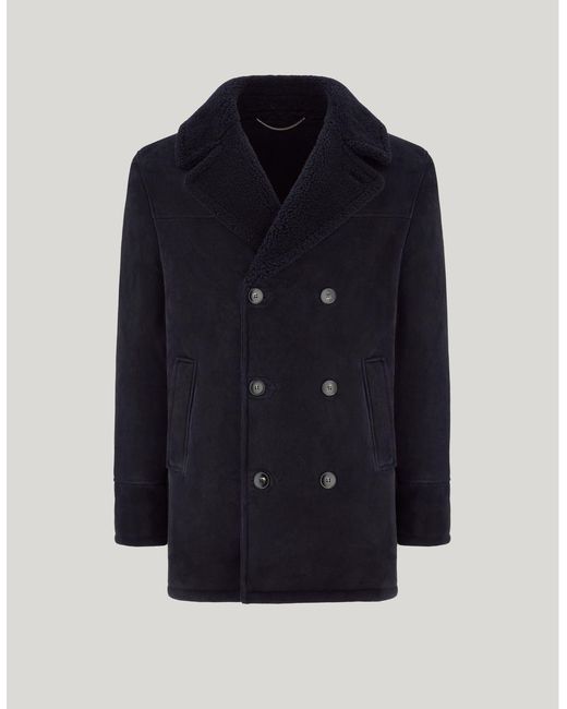 Canali Blue Double-Breasted Shearling Car Coat for men