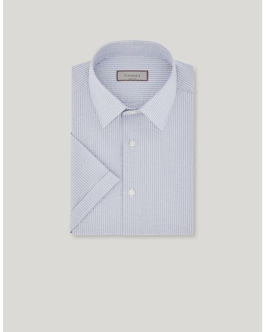 Canali Blue And Striped Seersucker Cotton Slim-Fit Shirt for men
