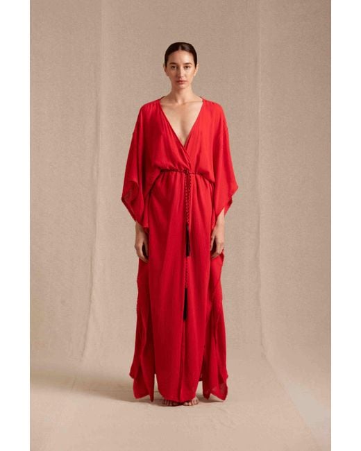 Women's Red Chumuk Kaftan Cotton Gauze