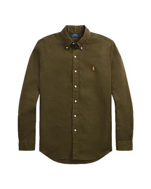 Camicia in lino con ricamo logo di Polo Ralph Lauren in Green da Uomo