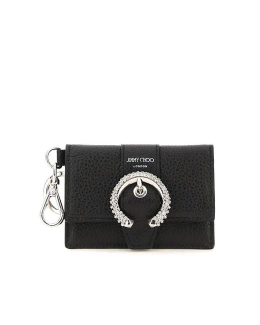 Jimmy Choo Leather Flap Cardholder With Crystal Buckle in Black 