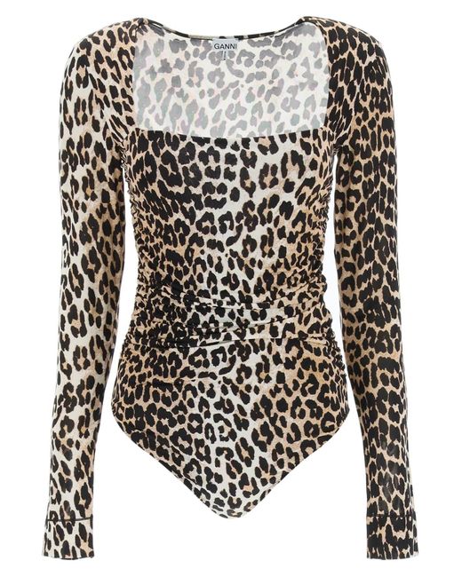 Ganni Synthetic Leopard Print Bodysuit - Lyst