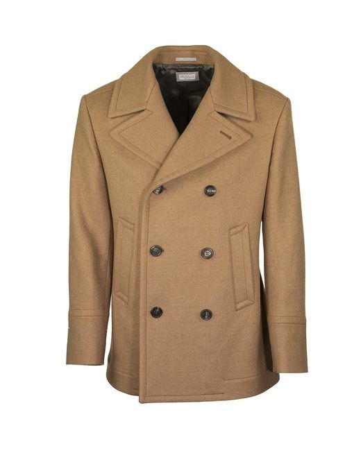 Brunello Cucinelli Baby Camel Double Cloth Wool Pea Coat in Natural for ...