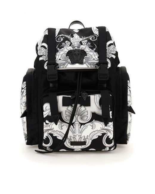 Versace Synthetic Silver Baroque Print Nylon Medusa Backpack in Black