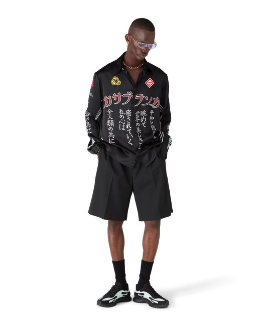 Casablanca Paris Black Emblem Long Sleeve Silk Satin Shirt, By