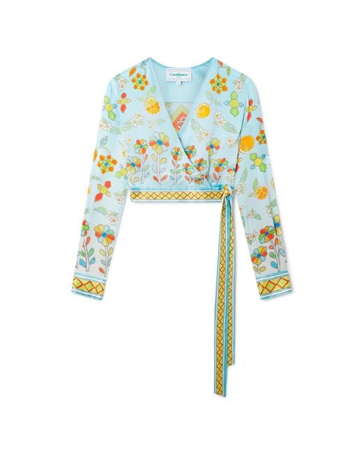 Casablanca Paris White Yoruba Flowers Wrap Long Sleeve Blouse, Size By