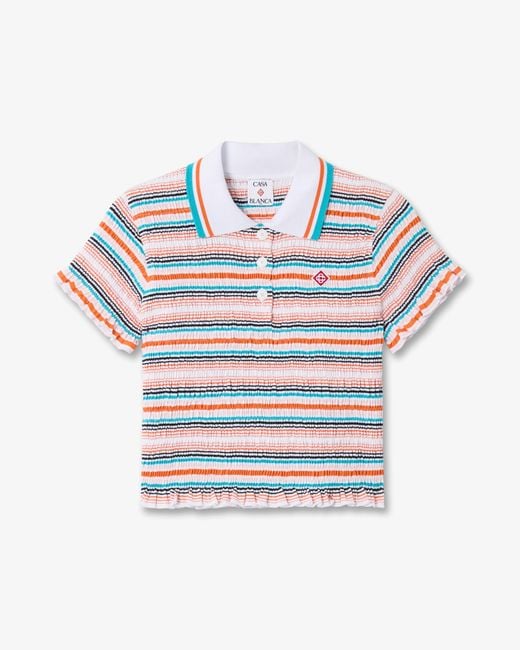 Casablanca Paris Blue Multicolour Striped Shirred Short Sleeve Polo Shirt, By for men