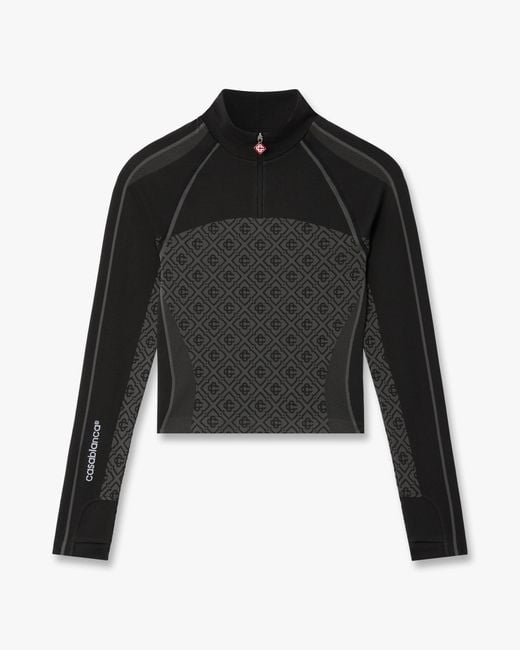 Casablanca Paris Black Seamless Monogram Half Zip Long Sleeve Top, By