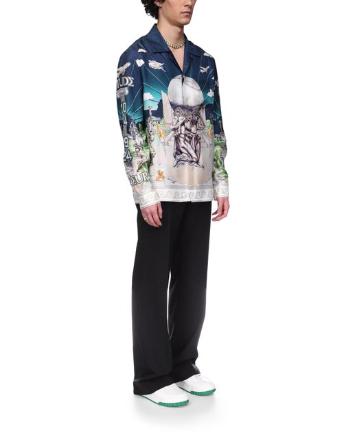 Casablanca Paris Blue Le Temple Du Sport Long Sleeve Silk Shirt, By