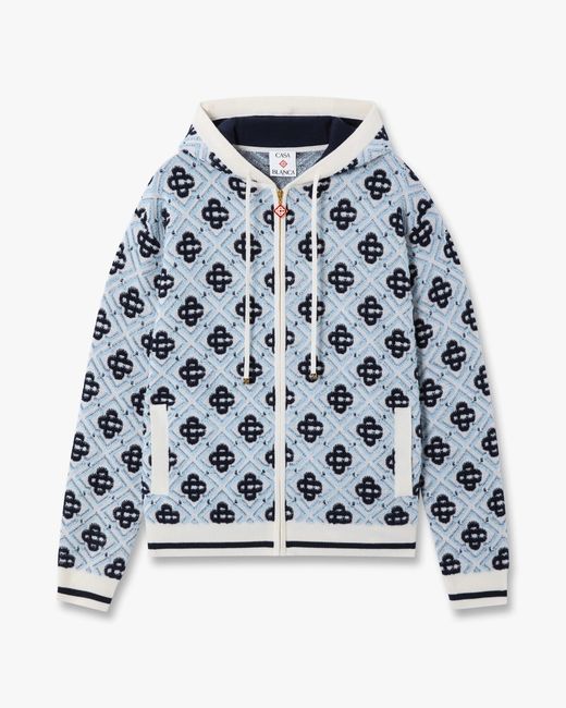Casablanca Paris Blue Merino Monogram Zip-Up Hooded Sweatshirt, By for men