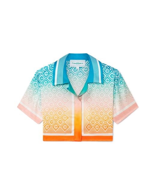 Casablanca Paris Blue Gradient Monogram Cropped Short Sleeve Silk Shirt, Size By