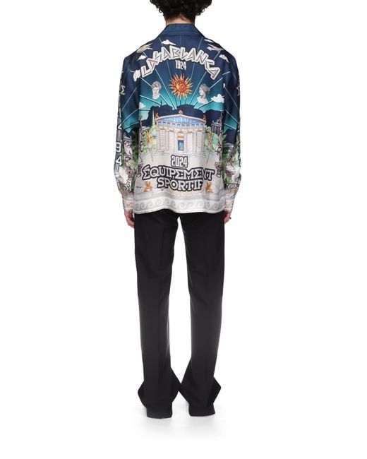 Casablanca Paris Blue Le Temple Du Sport Long Sleeve Silk Shirt, By