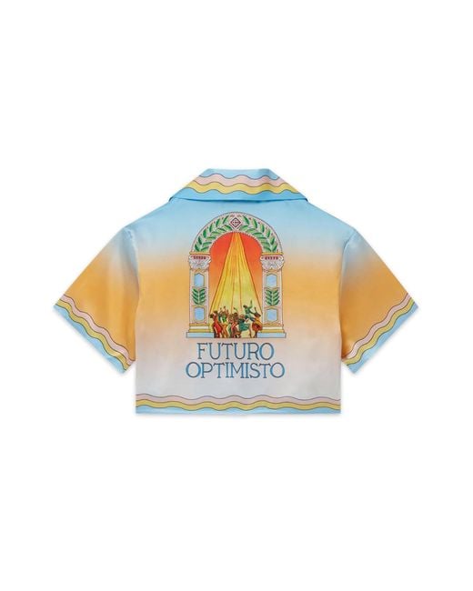 Casablanca Paris Multicolor La Danse Cropped Short Sleeve Silk Shirt, Size By