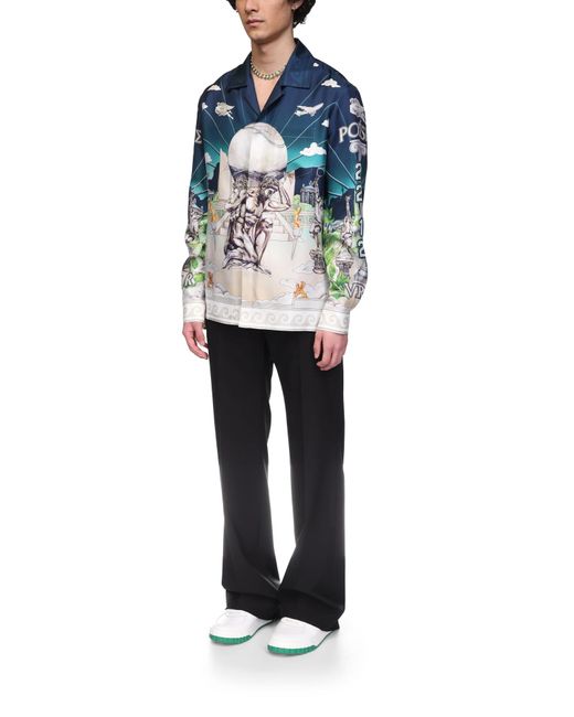 Casablanca Paris Blue Le Temple Du Sport Long Sleeve Silk Shirt, By