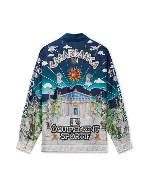 Casablanca Paris Blue Le Temple Du Sport Long Sleeve Silk Shirt, By