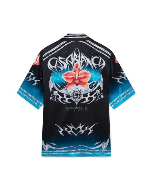 Casablanca Paris Blue Chemise À Manches Courtes En Satin De Soie Blades