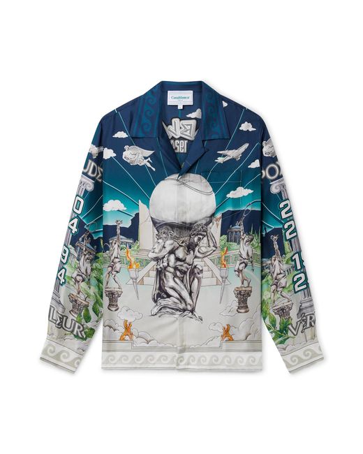 Casablanca Paris Blue Le Temple Du Sport Long Sleeve Silk Shirt, By