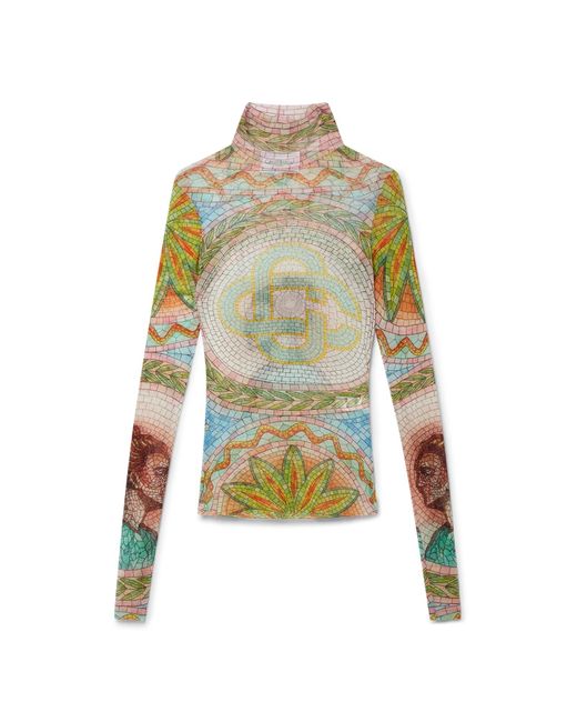 Casablanca Paris Green Mosaics Greques Printed Mesh Top, By