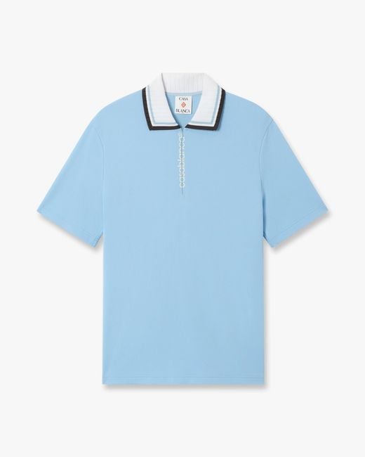 Casablanca Paris Blue Pale Pique Quarter Zip Short Sleeve Polo Shirt, By for men