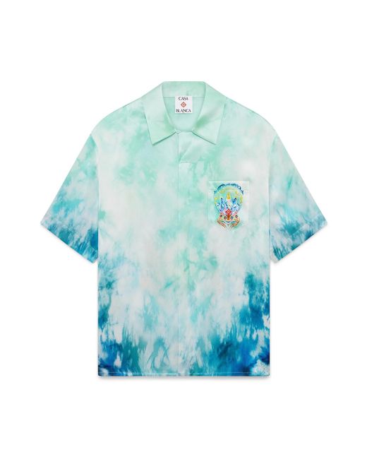 Casablanca Paris Blue Chemise À Manches Courtes En Soie Surf Lotus for men