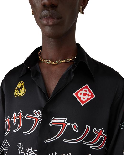 Casablanca Paris Black Emblem Long Sleeve Silk Satin Shirt, By