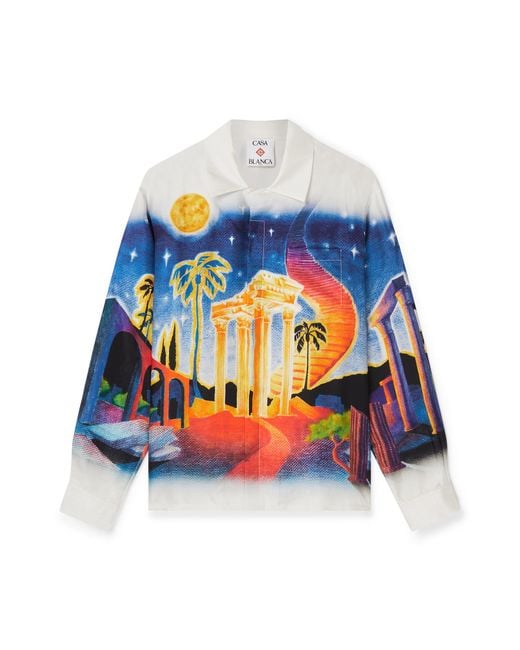 Casablanca Paris Blue Chemise À Manches Longues En Soie Midnight Acropolis