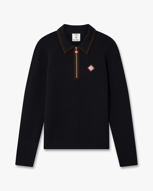 Casablanca Paris Blue Wool Waffle Stitch Long Sleeve Polo Shirt for men