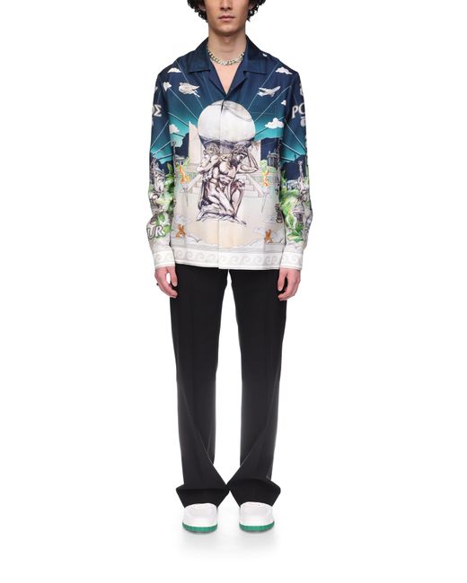 Casablanca Paris Blue Le Temple Du Sport Long Sleeve Silk Shirt, By