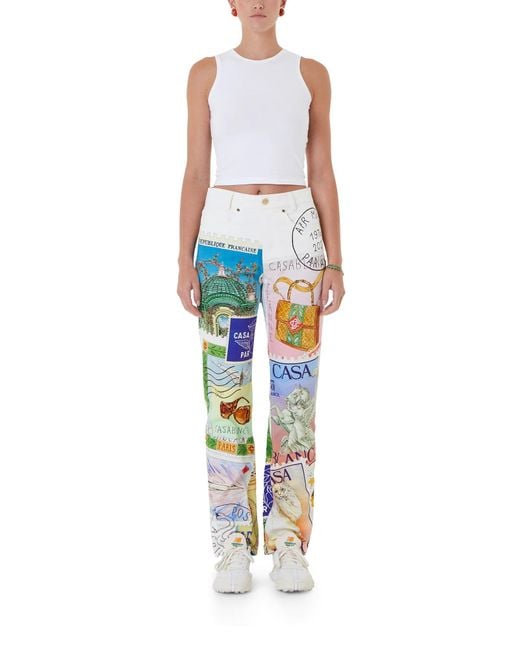 Casablanca Paris White Souvenirs De Vacances Printed Straight Leg Jeans, Size By
