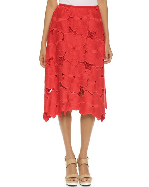 Cynthia Rowley Oversized Floral Lace Midi Skirt - Red | Lyst Canada