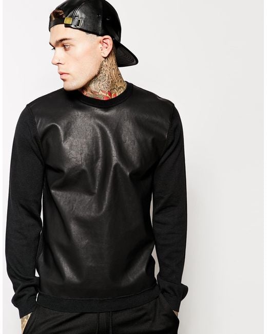 ASOS Black White Sweater With Faux Leather Look Front for men