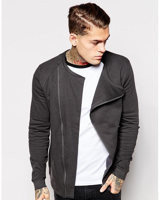 ASOS Collarless Biker Jacket In Jersey With Asymmetric Zip in Gray for Men  | Lyst