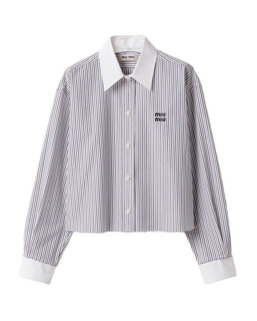 Camicia A Righe Con Ricamo di Miu Miu in Gray