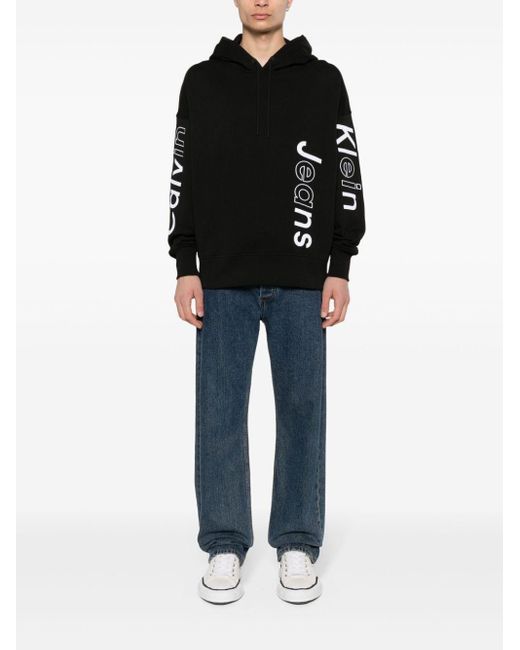 Calvin klein logo-embroidered cotton hoodie di Calvin Klein in Black da Uomo