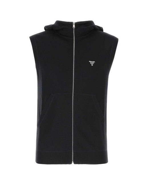 Prada Logo Detailed Zip-up Hooded Gilet in Black for Men | Lyst