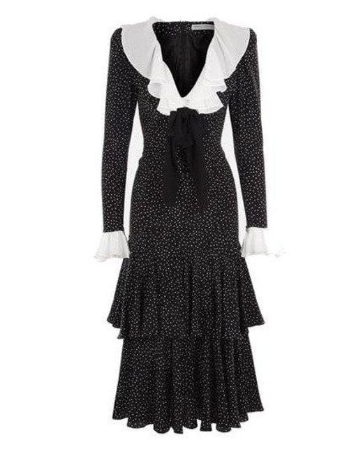 Alessandra Rich Black Polka Dot Printed V-neck Midi Dress