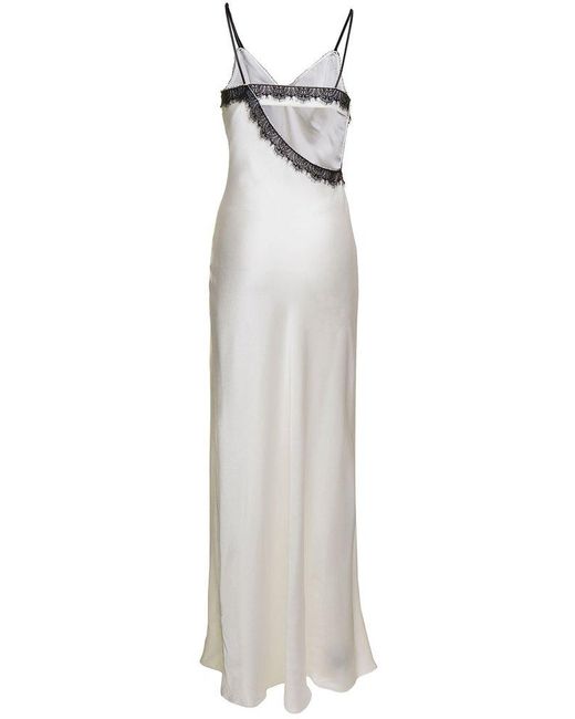 Alberta Ferretti Maxi White Slip Dress With Lace Trim In Silk Blend Woman