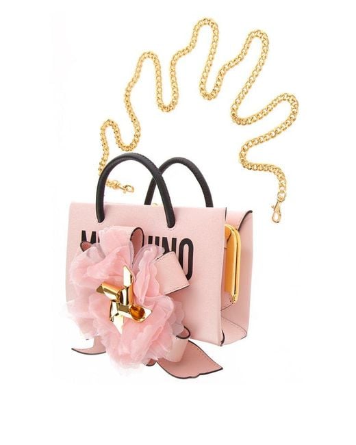 Moschino Pink Oversized Bow Embellished Logo Printed Tote Bag