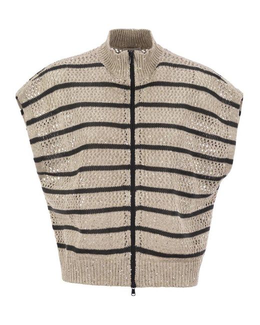 Brunello Cucinelli Gray Dazzling Striped Net Linen Cardigan