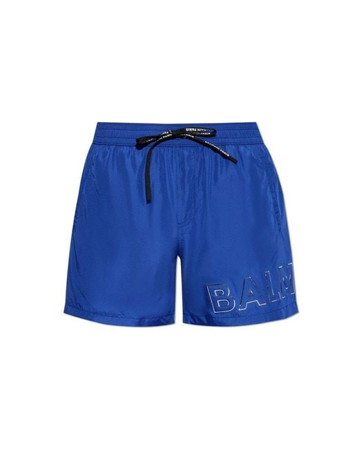 Balmain Blue Logo Embellished Swim Shorts for men