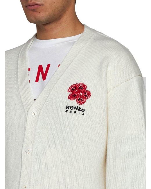 KENZO White Boke Flower Embroidered V-neck Cardigan