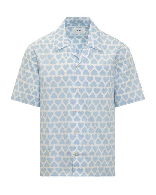 AMI Blue Paris Heart-printed Short-sleeved Buttoned Shirt for men